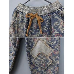 Drawstring Waist Patchwork Floral Jeans