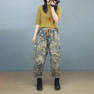 Drawstring Waist Patchwork Floral Jeans