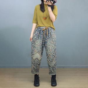 Drawstring Waist Patchwork Floral Jeans