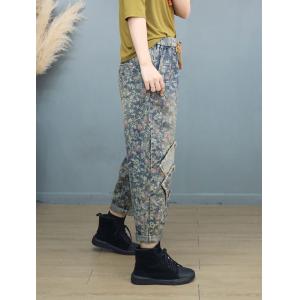 Drawstring Waist Patchwork Floral Jeans