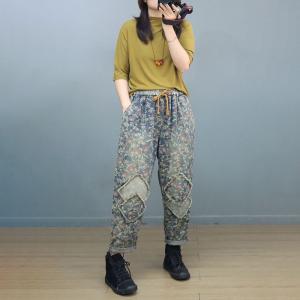 Drawstring Waist Patchwork Floral Jeans