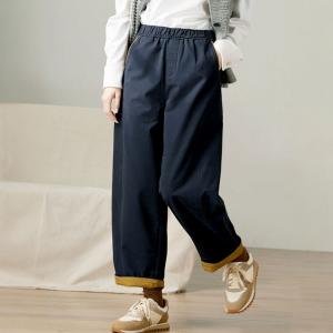 Dark Blue Fleeced Cotton Wide Leg Pants