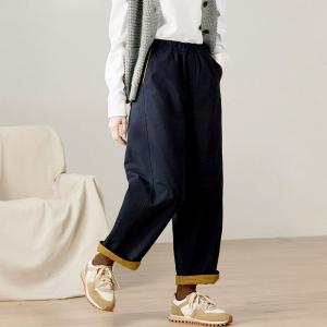 Dark Blue Fleeced Cotton Wide Leg Pants