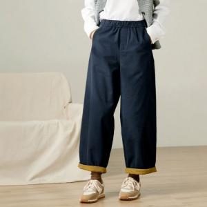 Dark Blue Fleeced Cotton Wide Leg Pants