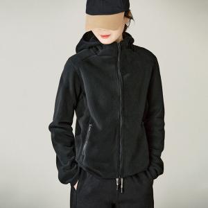 Front Zip Casual Polar Fleece Black Hoodie Jacket