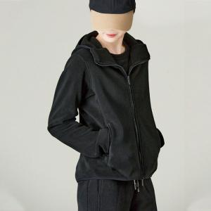 Front Zip Casual Polar Fleece Black Hoodie Jacket