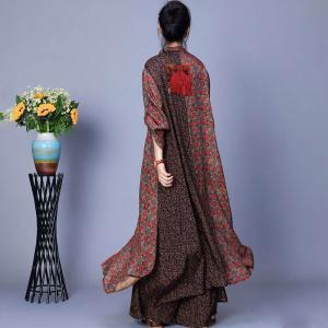 Ethnic Buttons Printed Slit Dress with Wide Leg Pants