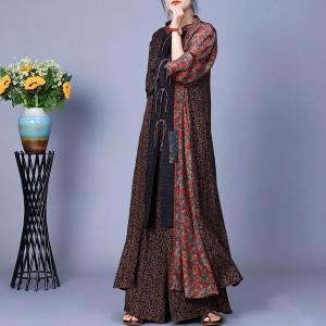 Ethnic Buttons Printed Slit Dress with Wide Leg Pants