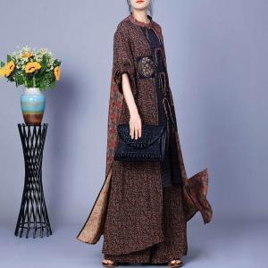 Ethnic Buttons Printed Slit Dress with Wide Leg Pants