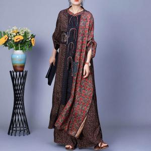 Ethnic Buttons Printed Slit Dress with Wide Leg Pants
