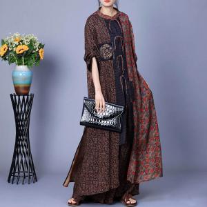 Ethnic Buttons Printed Slit Dress with Wide Leg Pants