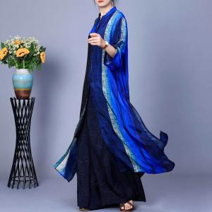 Side Slit Patchwork Blue Dress Cardigan with Slouchy Pants