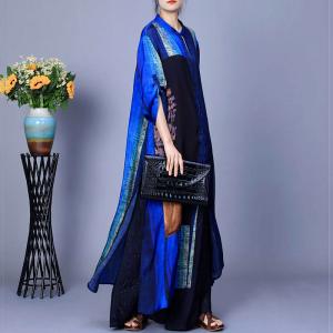 Side Slit Patchwork Blue Dress Cardigan with Slouchy Pants