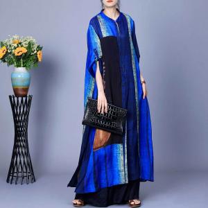 Side Slit Patchwork Blue Dress Cardigan with Slouchy Pants