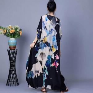 Crew Neck Silk Printed Black Maxi Dress