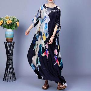 Crew Neck Silk Printed Black Maxi Dress