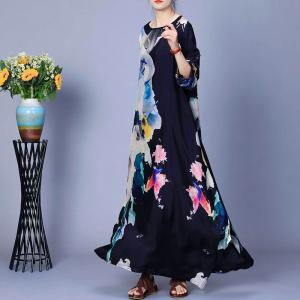 Crew Neck Silk Printed Black Maxi Dress