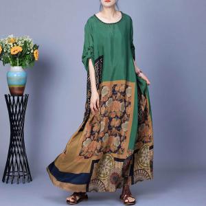 Artistic Patterned Silk Loose Maxi Coccon Dress