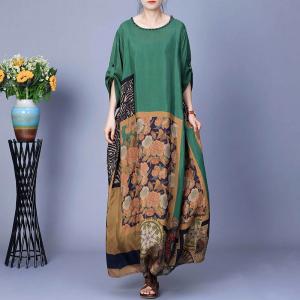 Artistic Patterned Silk Loose Maxi Coccon Dress