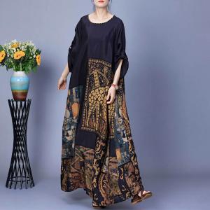 Artistic Patterned Silk Loose Maxi Coccon Dress