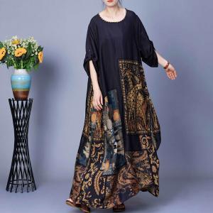 Artistic Patterned Silk Loose Maxi Coccon Dress