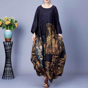 Artistic Patterned Silk Loose Maxi Coccon Dress