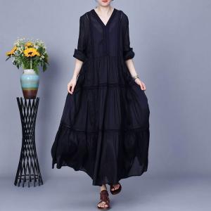 Y-Neck Flowing Ramie Loose Tiered Rustic Dress