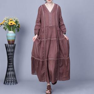 Y-Neck Flowing Ramie Loose Tiered Rustic Dress