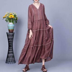 Y-Neck Flowing Ramie Loose Tiered Rustic Dress