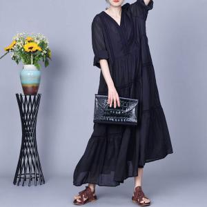 Y-Neck Flowing Ramie Loose Tiered Rustic Dress