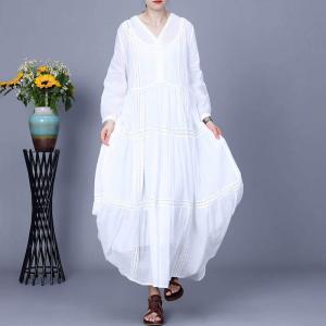 Y-Neck Flowing Ramie Loose Tiered Rustic Dress