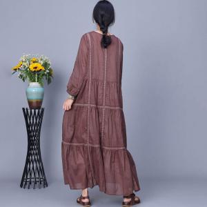 Y-Neck Flowing Ramie Loose Tiered Rustic Dress