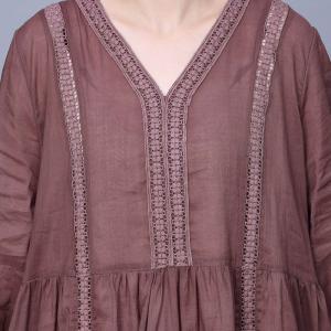 Y-Neck Flowing Ramie Loose Tiered Rustic Dress