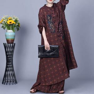 Patchwork Flowers Long Shirt Cardigan with Silk Wide Leg Pants