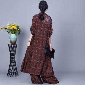 Patchwork Flowers Long Shirt Cardigan with Silk Wide Leg Pants