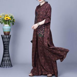 Patchwork Flowers Long Shirt Cardigan with Silk Wide Leg Pants