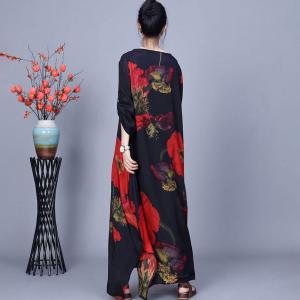 Red Huge Flowers Black Maxi Cocoon Dress