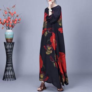 Red Huge Flowers Black Maxi Cocoon Dress