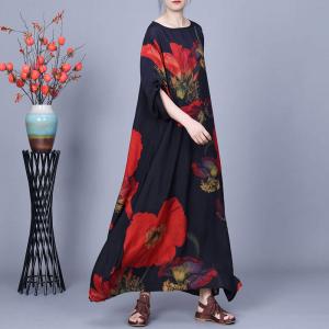 Red Huge Flowers Black Maxi Cocoon Dress