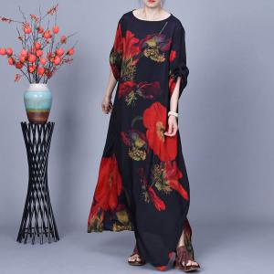 Red Huge Flowers Black Maxi Cocoon Dress