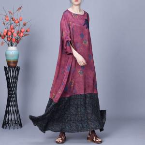 Loose Printed Patchwork Purplish Red Cocoon Dress