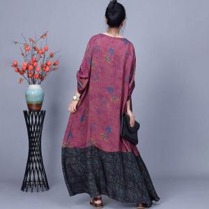 Loose Printed Patchwork Purplish Red Cocoon Dress