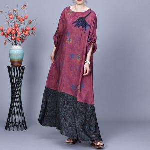 Loose Printed Patchwork Purplish Red Cocoon Dress