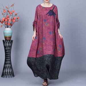 Loose Printed Patchwork Purplish Red Cocoon Dress