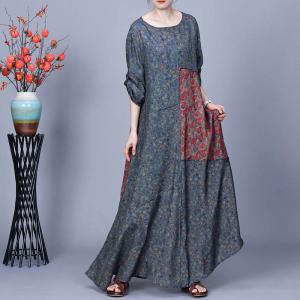 Red Flowers Patchwork Long Loose Modest Dress