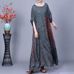 Red Flowers Patchwork Long Loose Modest Dress