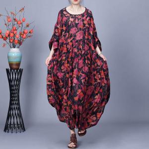 Empire Waist Printed Silky Peasant Winery Dress