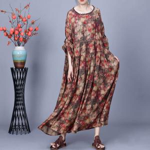 Empire Waist Printed Silky Peasant Winery Dress