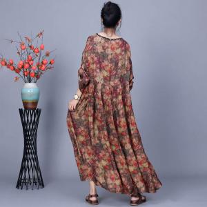 Empire Waist Printed Silky Peasant Winery Dress