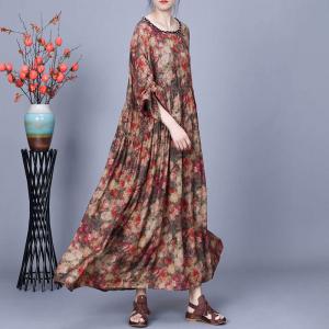 Empire Waist Printed Silky Peasant Winery Dress